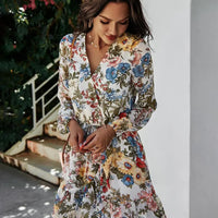 Women's Boho Floral Print Lantern Sleeve V Neck A Line Mini Dress