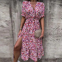 Women's Boho Floral Print Short Sleeve Button Down A Line Midi Dress