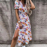 Women's Boho Floral Print Short Sleeve Button Down A Line Midi Dress