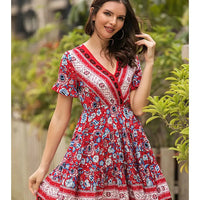Women's Boho Floral Print Short Sleeve V Neck A Line Dress