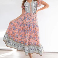 Women's Boho Floral Print Short Sleeve V Neck A Line Maxi Dress