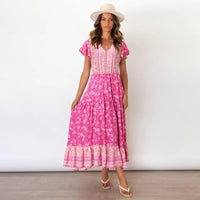 Women's Boho Floral Print Short Sleeve V Neck A Line Maxi Dress