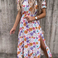 Women's Boho Floral Print Short Sleeve V Neck Split A Line Midi Dress