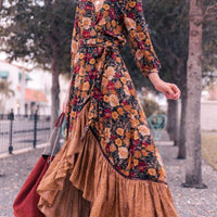 Women's Boho Floral Print Surplice V Neck Ruffle Hem Maxi Dress