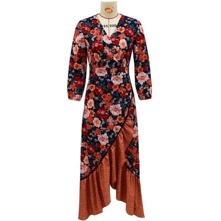 Women's Boho Floral Print Surplice V Neck Ruffle Hem Maxi Dress