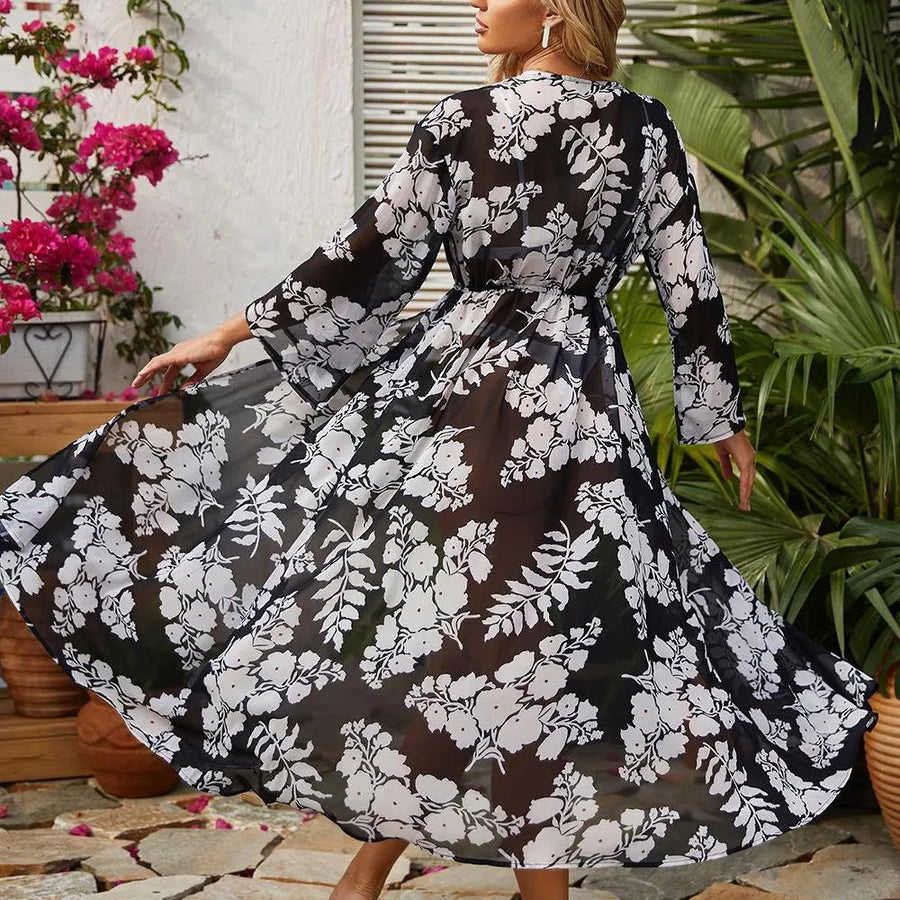Women's Boho Floral Print Tie Knot Front Long Sleeve Swimwear Cover-Ups
