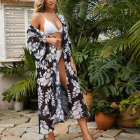 Women's Boho Floral Print Tie Knot Front Long Sleeve Swimwear Cover-Ups