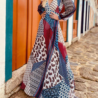 Women's Boho Floral Print V Neck Long Sleeve Maxi Dress