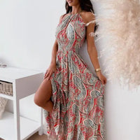 Women's Boho Paisley Print Sleeveless Halter A Line Maxi Dress