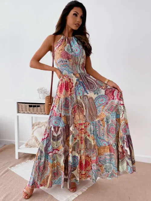 Women's Boho Paisley Print Sleeveless Halter A Line Maxi Dress