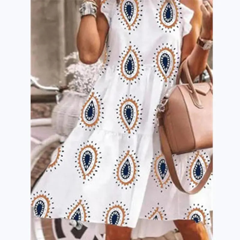 Women's Boho Paisley Print Sleeveless Ruffle Trim Mini Dress