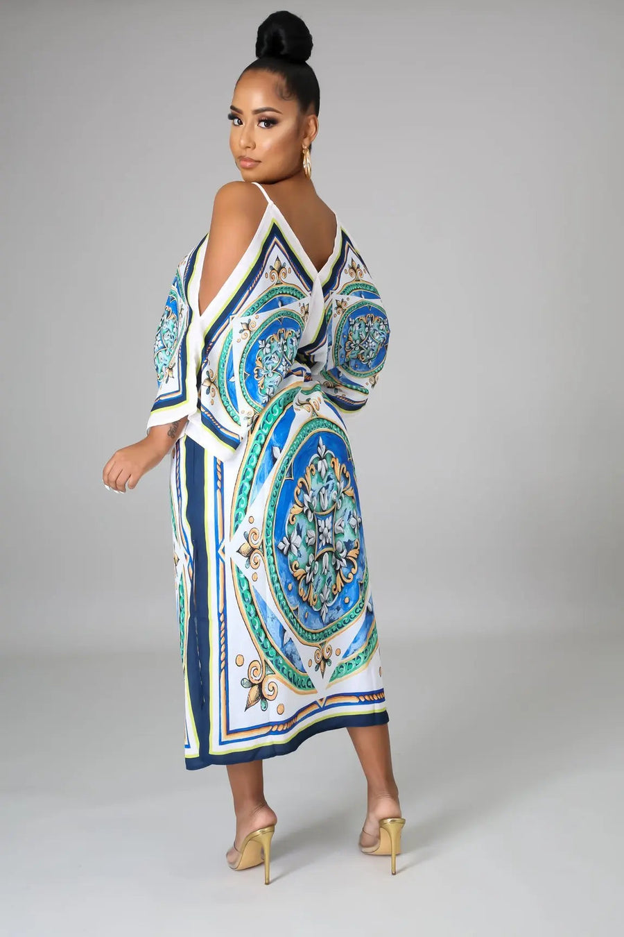 Women's Boho Print Cold Shoulder Half Sleeve Belted Maxi Dress