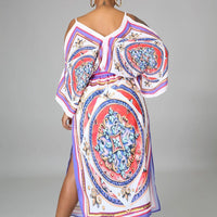 Women's Boho Print Cold Shoulder Half Sleeve Belted Maxi Dress