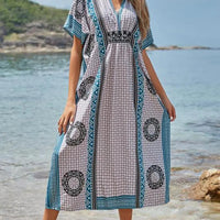Women's Boho Print Short Sleeve Notch Neck Loose Beach Dress