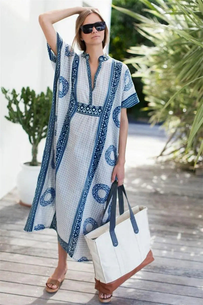 Women's Boho Print Short Sleeve Notch Neck Loose Beach Dress