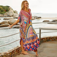 Women's Boho Print Short Sleeve V Neck Curved Hem Beach Dress