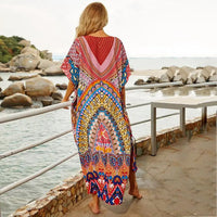 Women's Boho Print Short Sleeve V Neck Curved Hem Beach Dress