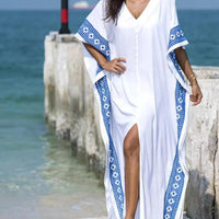 Women's Boho Print Short Sleeve V Neck Split Long Swimsuit Cover Ups