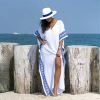 Women's Boho Print Short Sleeve V Neck Split Long Swimsuit Cover Ups