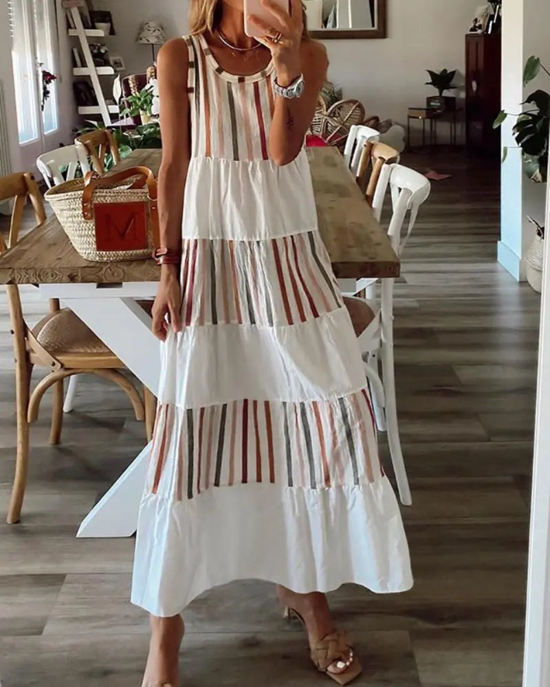 Women's Boho Striped Sleeveless Long Dress