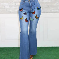 Women's Butterfly Print High Waist Flared Leg Bell Jeans