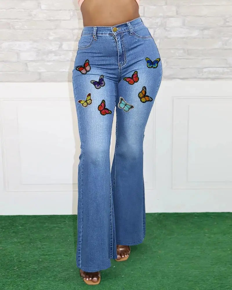 Women's Butterfly Print High Waist Flared Leg Bell Jeans