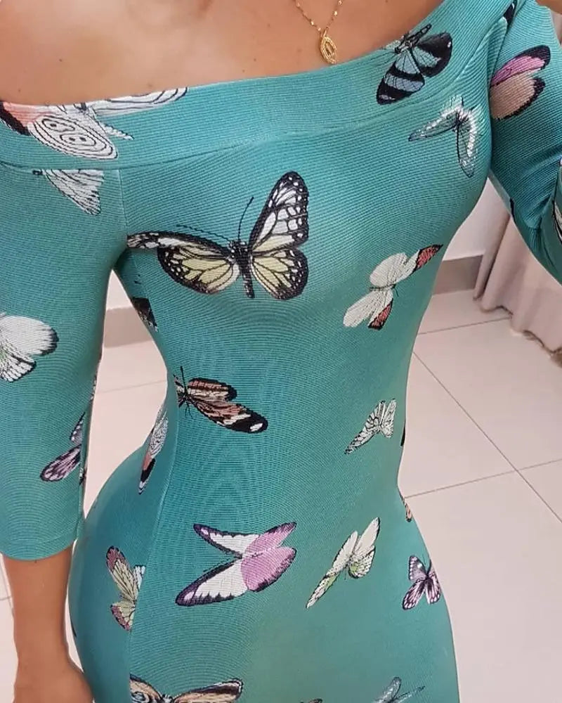 Women's Butterfly Print Off The Shoulder Split Midi Bodycon Dress