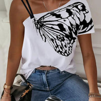 Women's Butterfly Print One Shoulder Short Sleeve T Shirts