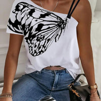 Women's Butterfly Print One Shoulder Short Sleeve T Shirts