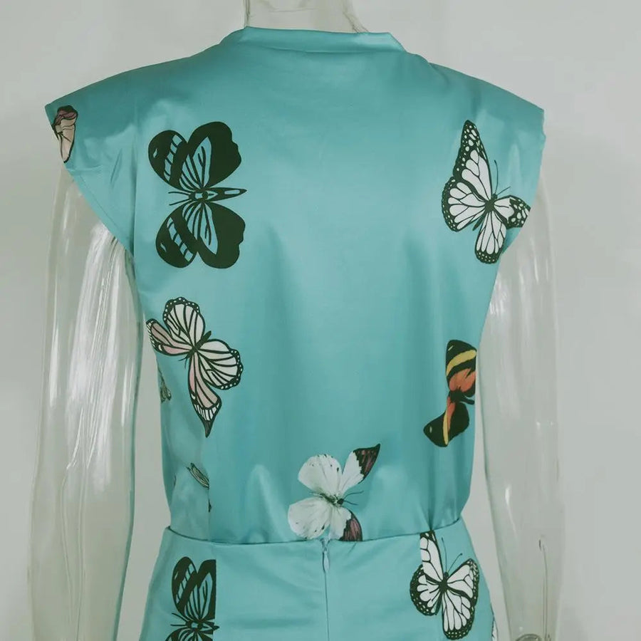 Women's Butterfly Print Padded Shoulder Split Midi Pencil Dress