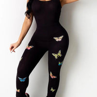 Women's Butterfly Print Sleeveless Skinny Fit Bodycon Cami Jumpsuit