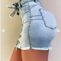 Women's Button Down Raw Hem Belted Denim Mini Bodycon Skirts
