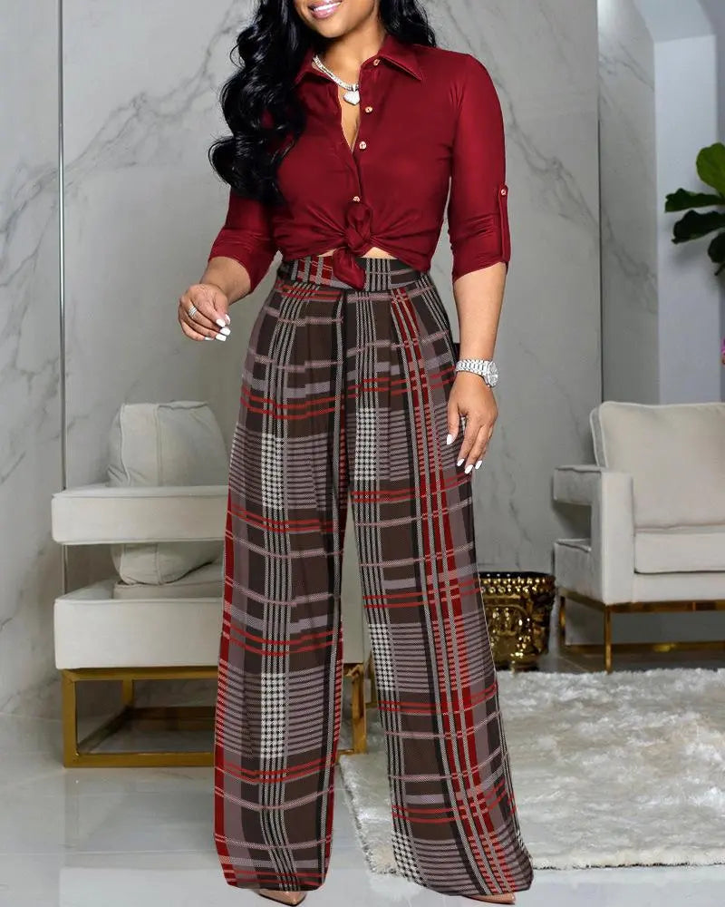 Women's Button Down Shirt And Plaid Wide Leg Pants Two Peice Outfit