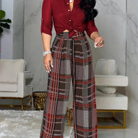 Women's Button Down Shirt And Plaid Wide Leg Pants Two Peice Outfit