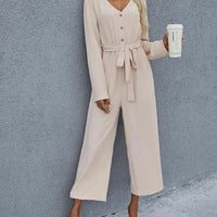 Women's Button Front Long Sleeve V Neck Belted Jumpsuit