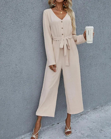 Women's Button Front Long Sleeve V Neck Belted Jumpsuit