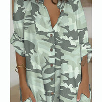 Women's Camo Print Rolled Up Sleeve Button Down Pocket Tunic Dress