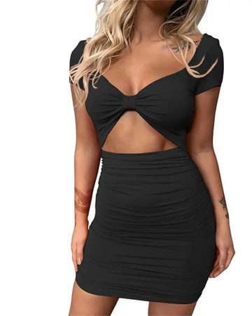 Women's Cap Sleeve Twist Front Cut Out Ruched Mini Bodycon Dress