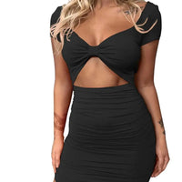 Women's Cap Sleeve Twist Front Cut Out Ruched Mini Bodycon Dress