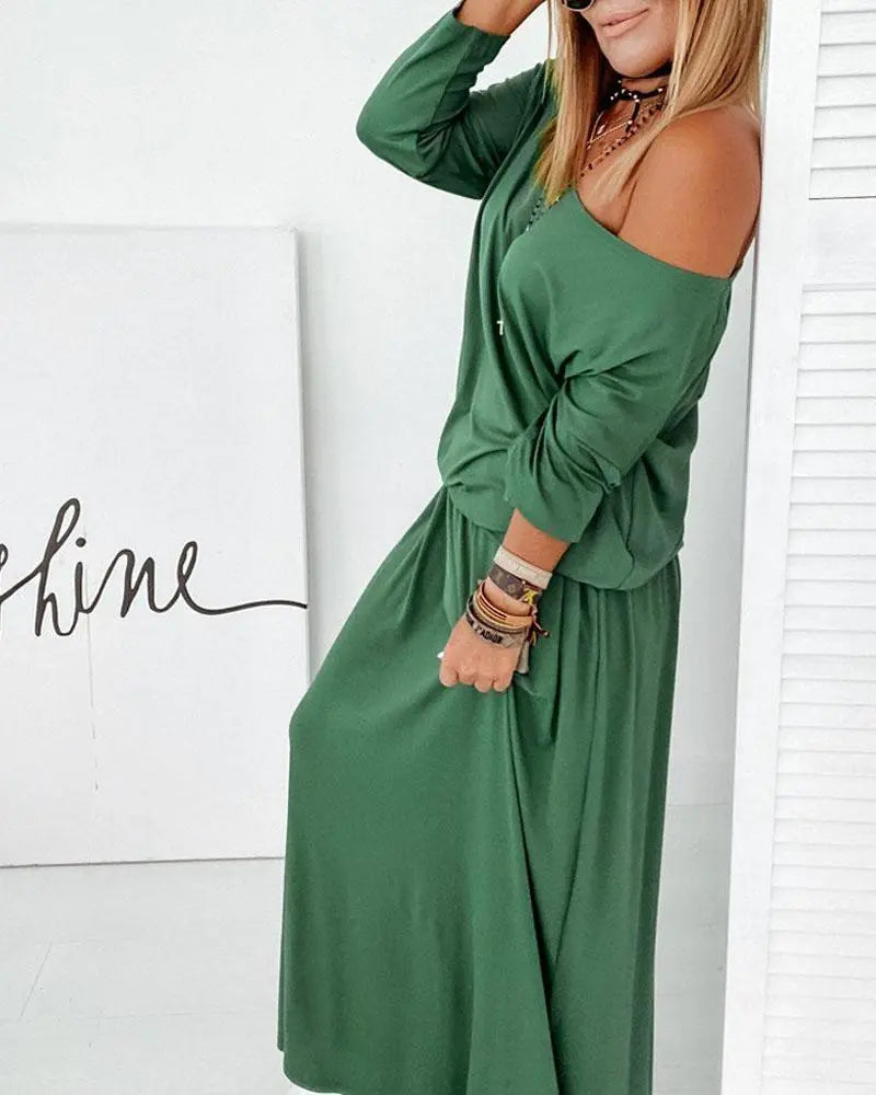 Women's Casual Boat Neck Long Sleeve Solid Loose Midi Dress