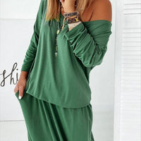 Women's Casual Boat Neck Long Sleeve Solid Loose Midi Dress