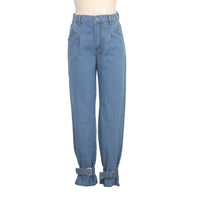 Women's Casual Buckle Hem High Waist Denim Jeans