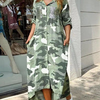 Women's Casual Camo Print Long Sleeve Button Down Maxi Shirt Dress