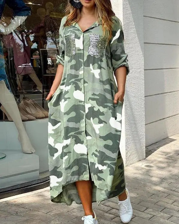 Women's Casual Camo Print Long Sleeve Button Down Maxi Shirt Dress