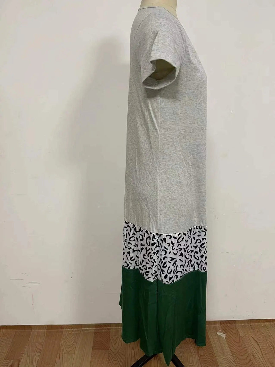 Women's Casual Color Block Short Sleeve V Neck Maxi T Shirt Dress