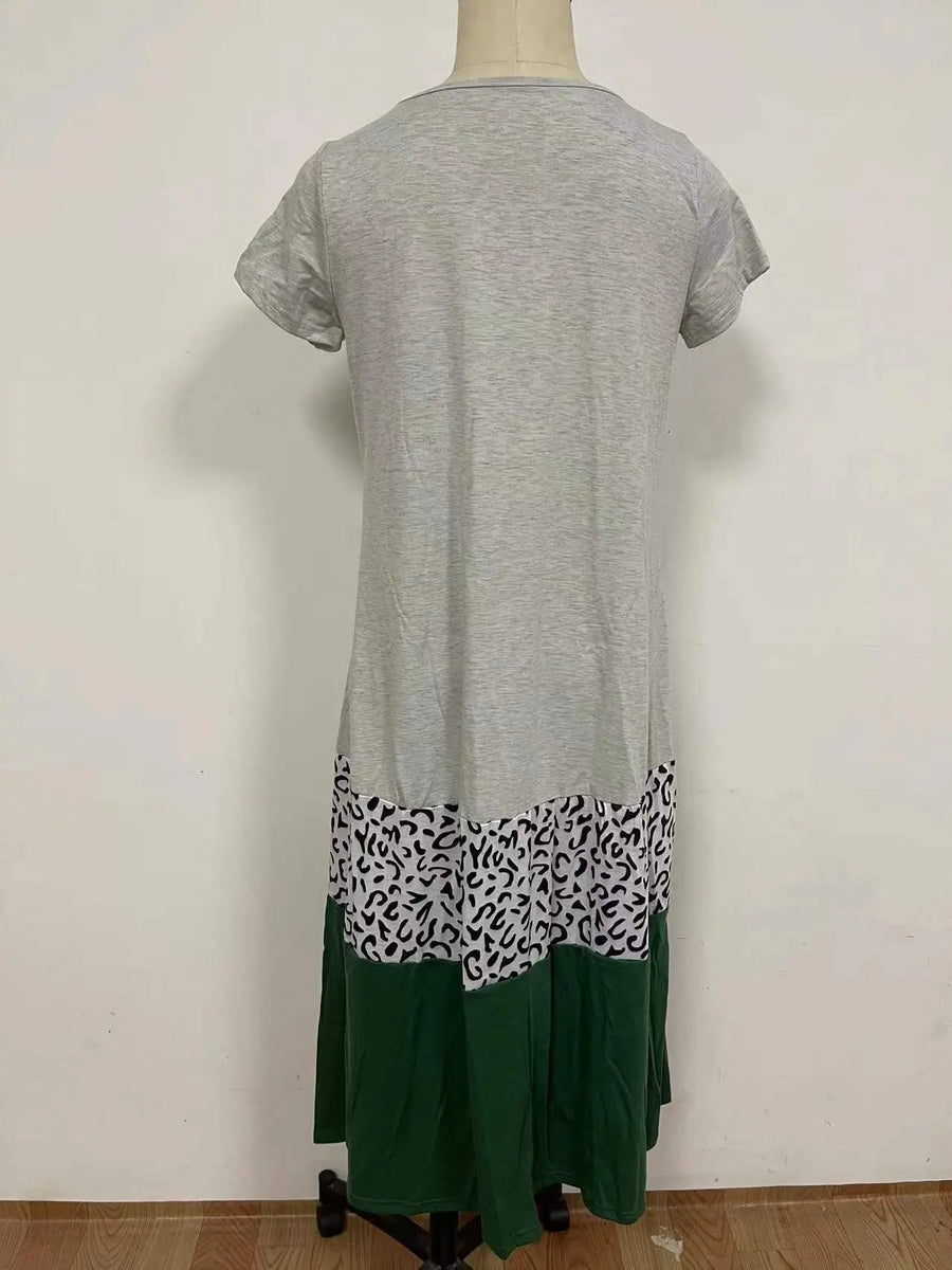 Women's Casual Color Block Short Sleeve V Neck Maxi T Shirt Dress