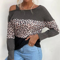 Women's Casual Cut Out Shoulder Leopard Print Long Sleeve Shirts