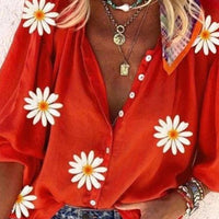 Women's Casual Floral Print Lantern Sleeve Button Down Shirts