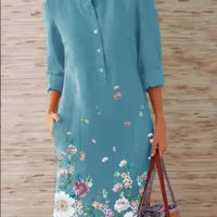 Women's Casual Floral Print Long Sleeve Button Front Tunic Dress