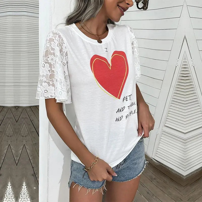 Women's Casual Lace Short Sleeve Heart Print T Shirts